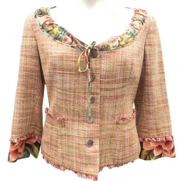 DD Collection Silk Tweed Blazer Floral Career Cardigan Fringe Shell Button 8 - Picture 1 of 8